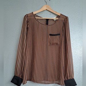 Black & Tan Sheer Striped Blouse With Pocket     Size L